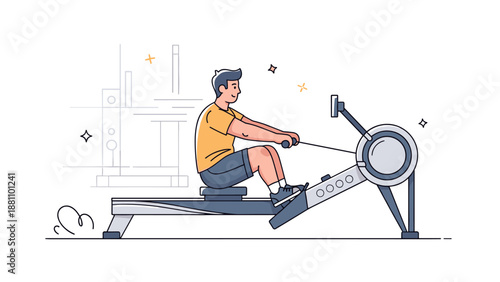 Young caucasian male exercising on rowing machine in gym illustration