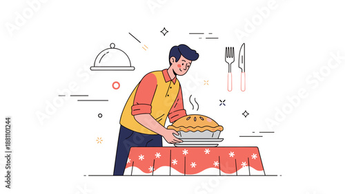 Young caucasian male baking pie: culinary activity illustration with table setting
