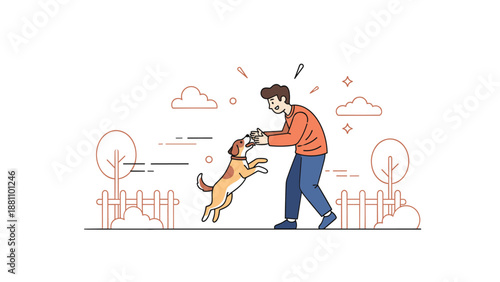 Young caucasian male playing with happy dog in park illustration