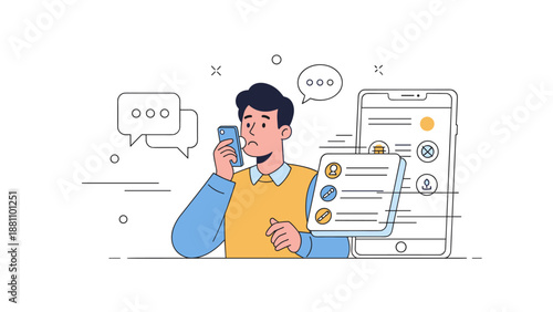 Young caucasian male using smartphone with messaging app and notifications