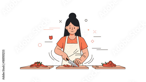 Asian female preparing food in the kitchen with fresh vegetables and knife