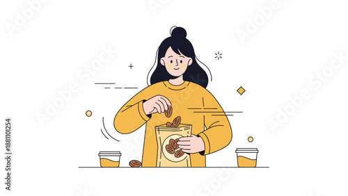 Young caucasian female snacking on pecans from a bag