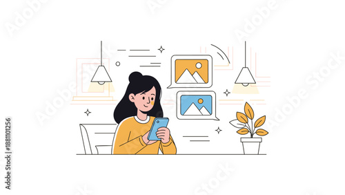 Young asian female browsing smartphone in a cozy art gallery setting