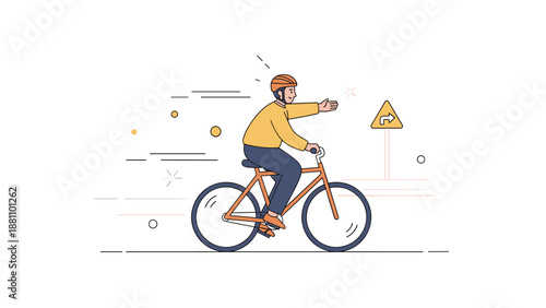 Male cyclist signaling right turn on road with helmet and bicycle
