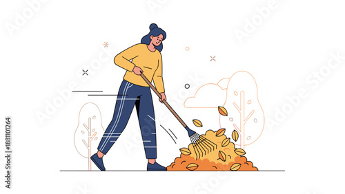 Young caucasian female raking autumn leaves in park illustration