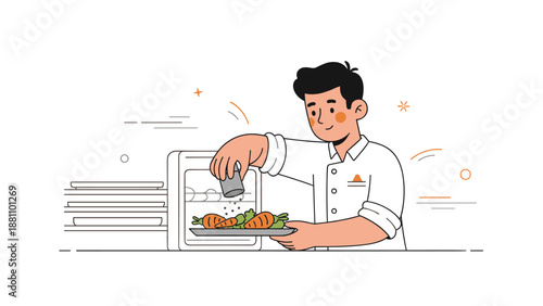 Young asian male chef seasoning dish in kitchen illustration