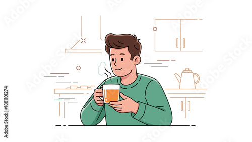 Young caucasian male enjoying a hot beverage in modern kitchen setting
