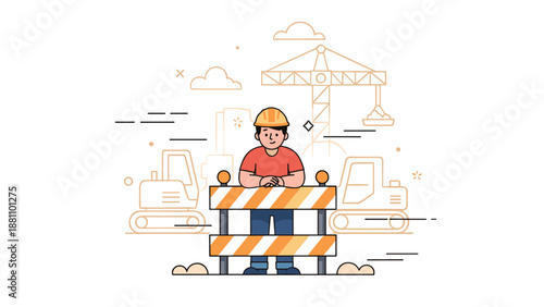 Caucasian male construction worker at site with equipment and crane illustration