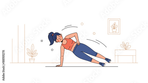 Young asian female exercising in plank pose at home yoga routine