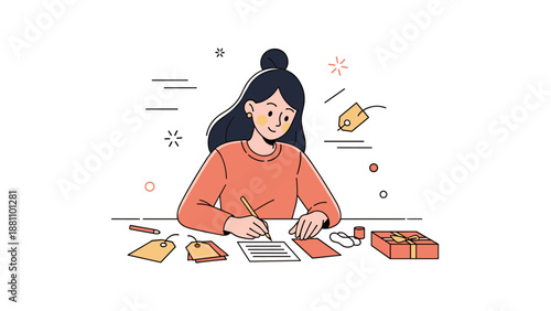 Young asian female writing letters with gift tags and wrapped present