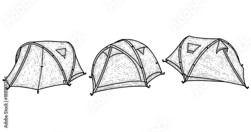 Sketch of three different dome camping tents on white background