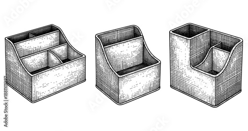 Set of three vintage wooden desk organizers with compartments