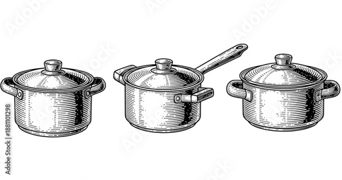 Vintage hand-drawn cooking pots set with lids and handle