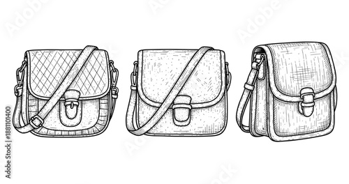 Hand drawn trio of vintage shoulder bags with straps