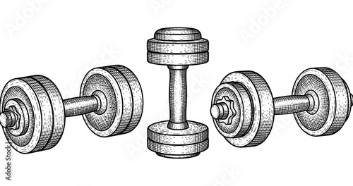 Vintage dumbbells illustration showcasing classic strength training equipment in black and white