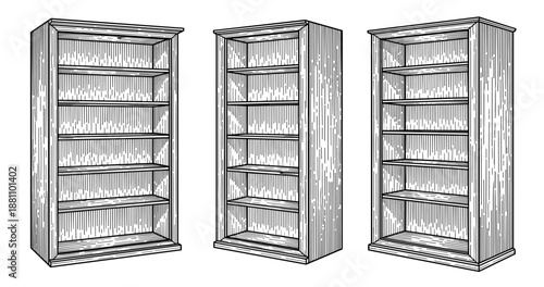 Wooden bookshelves collection: detailed black and white engraving of three tall shelving units