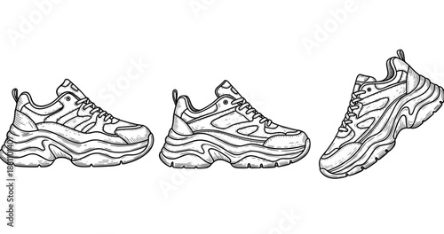 Set of three hand-drawn chunky sneakers illustrations side and front views