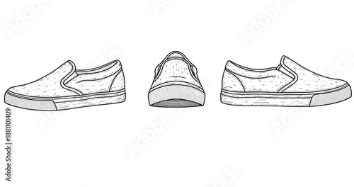 Sketch of casual slip-on sneakers from multiple angles