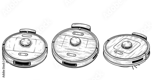 Sketch illustration of three robotic vacuum cleaners with sensors