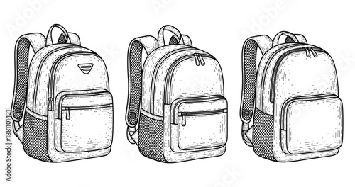 Hand-drawn vintage backpack illustrations in monochrome style