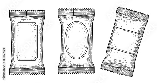 Set of three blank snack packaging designs in black and white illustration style