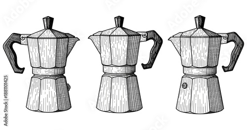 Hand-drawn vintage moka pots in black and white with detailed line art