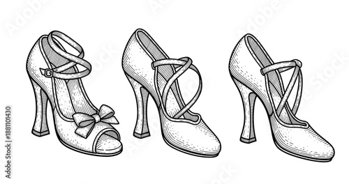 Vintage high heel shoe sketches: three elegant designs with bows and straps