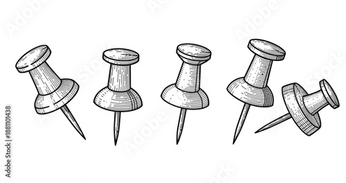 Vintage black and white push pin collection in various angles