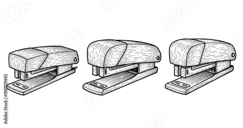 Set of three hand-drawn staplers in vintage style