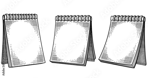Blank spiral notepads with vintage sketch style on white background