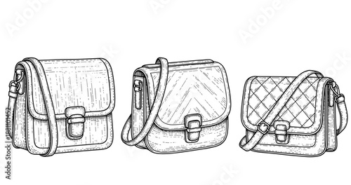 Hand-drawn vintage crossbody bags with straps in line art style