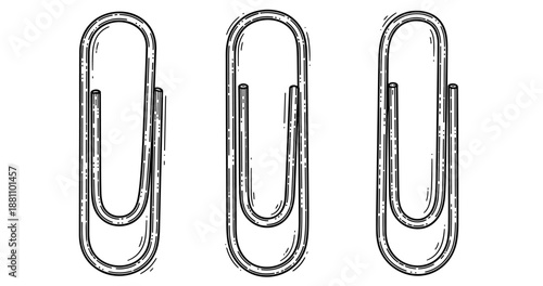 Three black and white sketch paper clips in a row