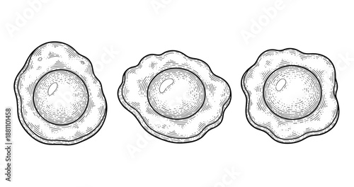 Three hand-drawn fried eggs illustrations with detailed textures in black and white