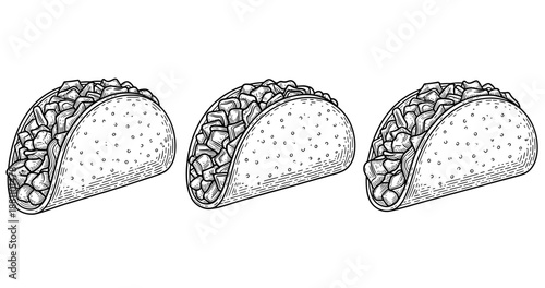 Hand-drawn taco trio: black and white sketch of three varieties with detailed ingredients
