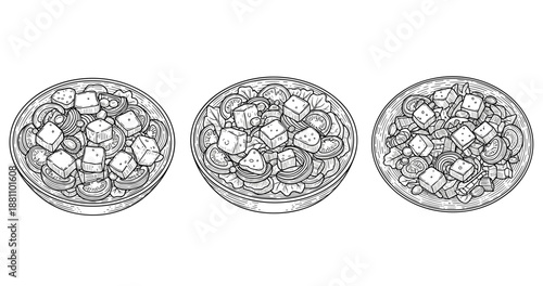 Illustration of three bowls of greek salad with feta, tomatoes, and cucumbers