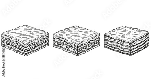 Hand-drawn lasagna illustrations: three varieties of layered pasta dishes