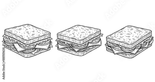 Vintage style sandwich illustrations: trio of sketched sandwiches with lettuce and cheese