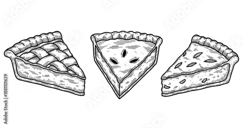 Black and white illustration of three classic pie slices with varied crust designs