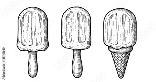 Black and white sketch of three ice creams: popsicles and cone