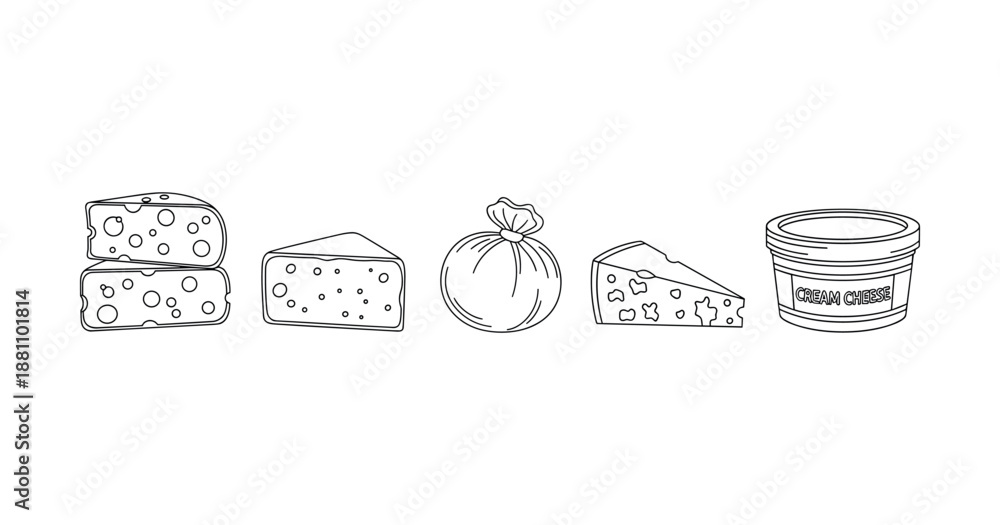 Fototapeta premium Variety of hand-drawn cheese types including wheels, slices, and cream cheese