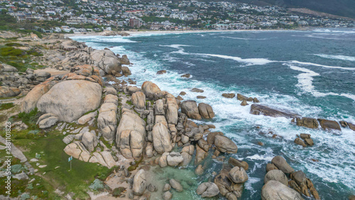 Aerial drone shot of Cape town South Africa showing Atlantic ocean and camps bay area