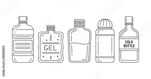 Line art illustration of various bottles: gel, liquid, and medicine containers
