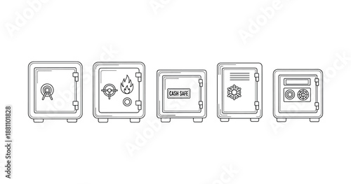 Set of illustrative safe icons featuring various security symbols on white background
