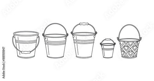 Line art illustration of various decorative and plain buckets with handles