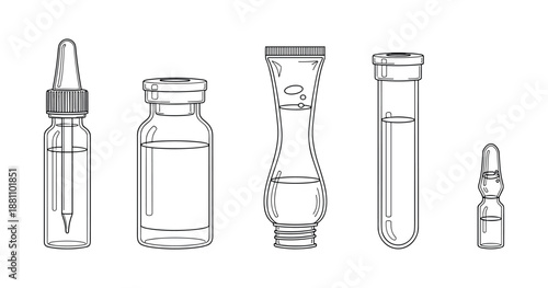 Various medical and laboratory bottles and vials on white background