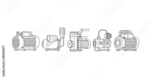 Collection of various industrial pumps in line art style