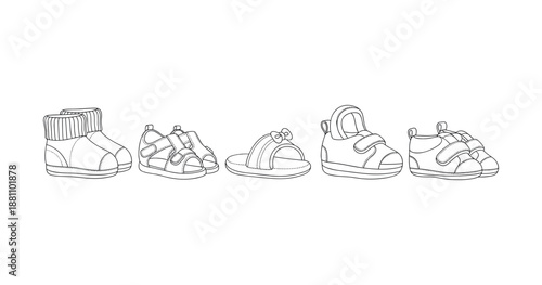 Line art of baby shoes collection showcasing five unique designs