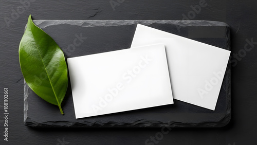 Two white business cards on dark slate with green leaf mockup top view