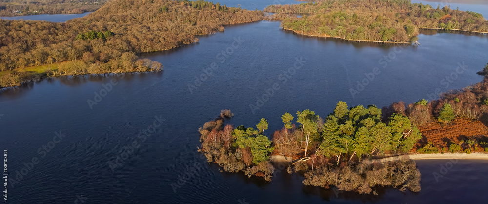 Naklejka premium Loch Lomond aerial view showing islands Inchtavannach, Inchconnachan, Inchcruin and Inchfad