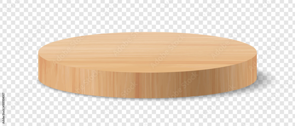Naklejka premium Wooden round podium. Wood pedestal on transparent background for product display, cosmetic mockup